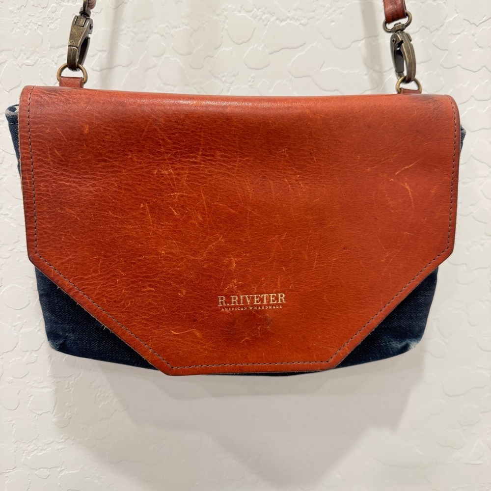 R. Riveter Brown Leather Purse Denim Casual Everyday Western Rodeo Cowgirl - Picture 2 of 8